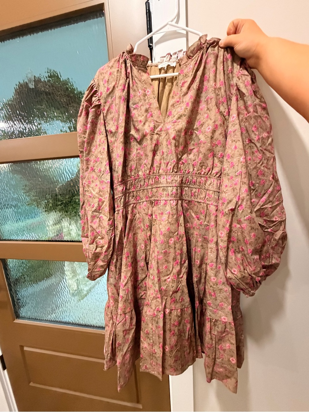 Chic Soul Rose-Tan Floral Smocked Waist Casual Dress